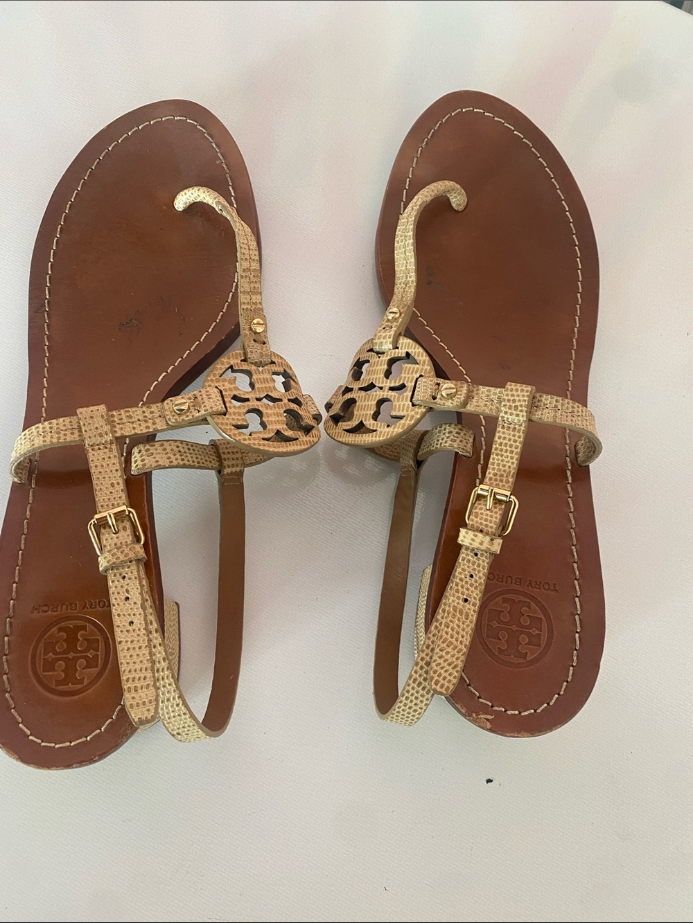 Tory Burch Tan and Gold Logo Thong Sandals. Size 10.5. Great condition.